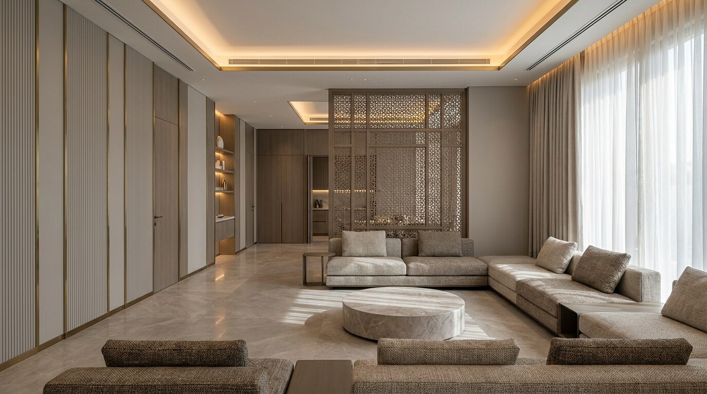 Dubai Villa Planning for Arab Family Life: Privacy, Majlis Rooms, and Guest Routes visual reference 2 showing formal contemporary majlis with greige palette, marble floor, brass details, and privacy screen