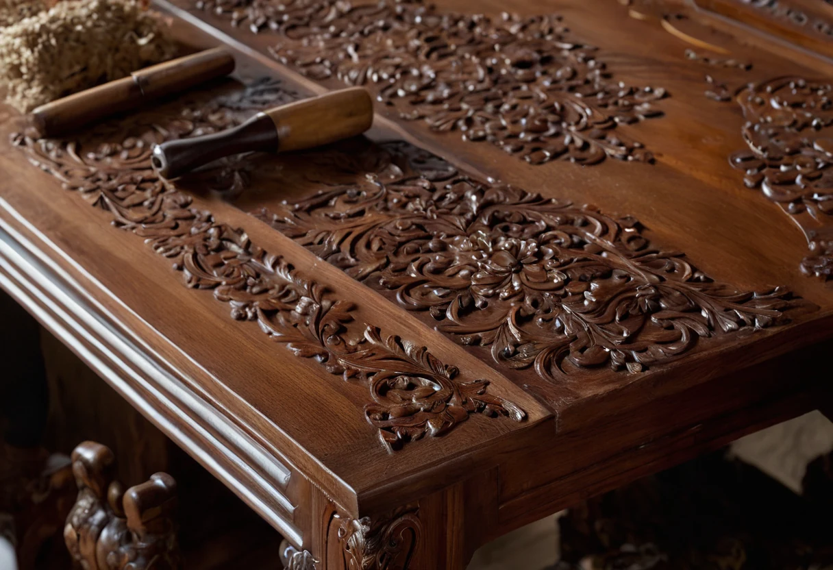 Walnut armrest with deep scrollwork carving on a workbench surrounded by carving gouges and wood chips
