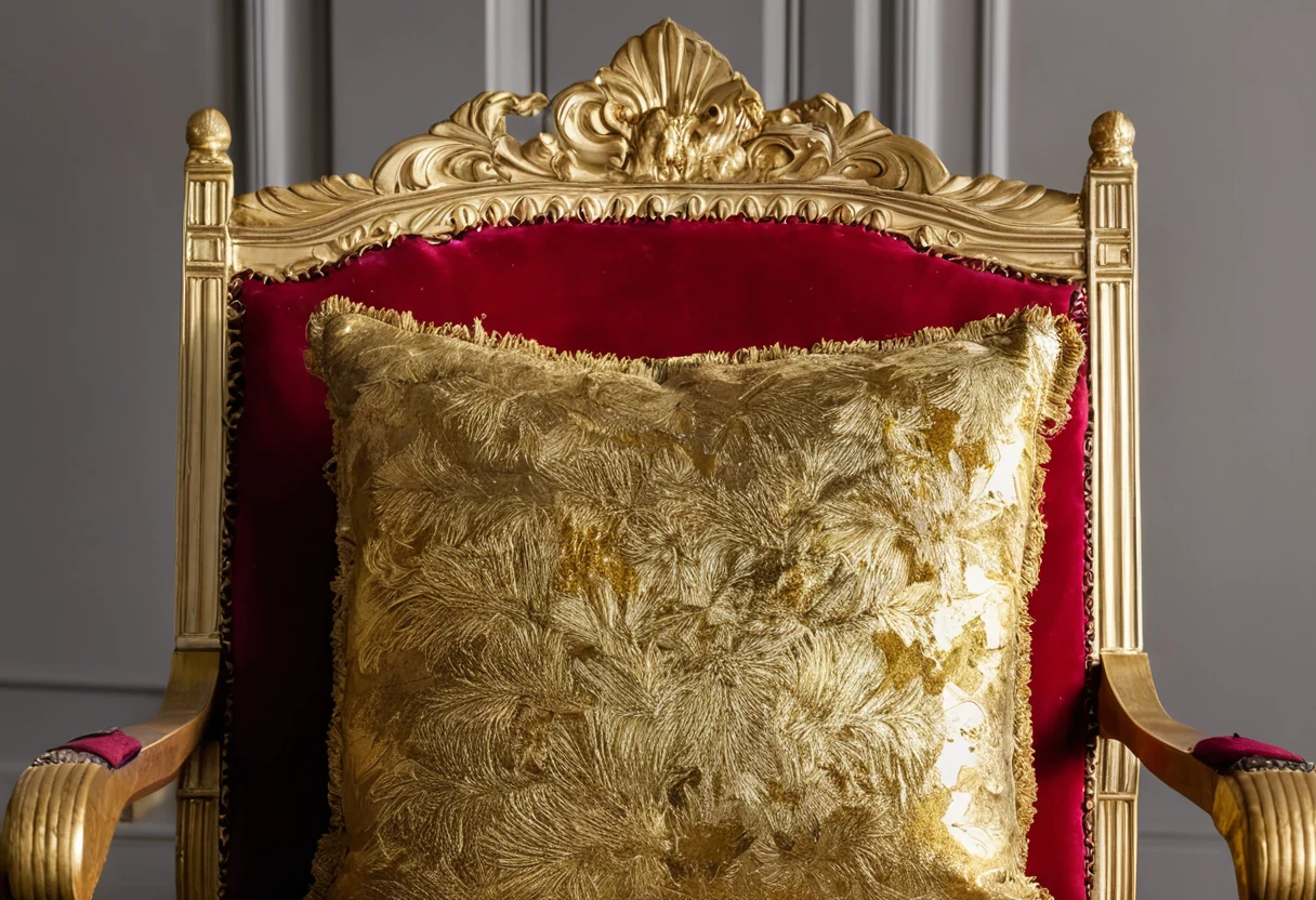 Sheets of gold leaf on a gilder's cushion beside a carved chair leg with freshly applied gilding