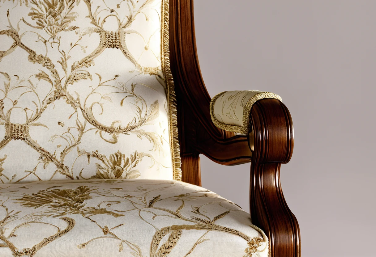 Close view of ivory silk jacquard upholstery with piping on a carved gilded armchair seat